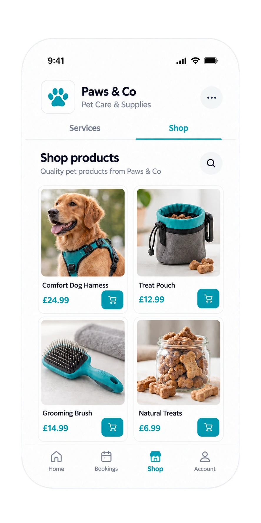 Pet products available to shop on a business profile in the Collar app