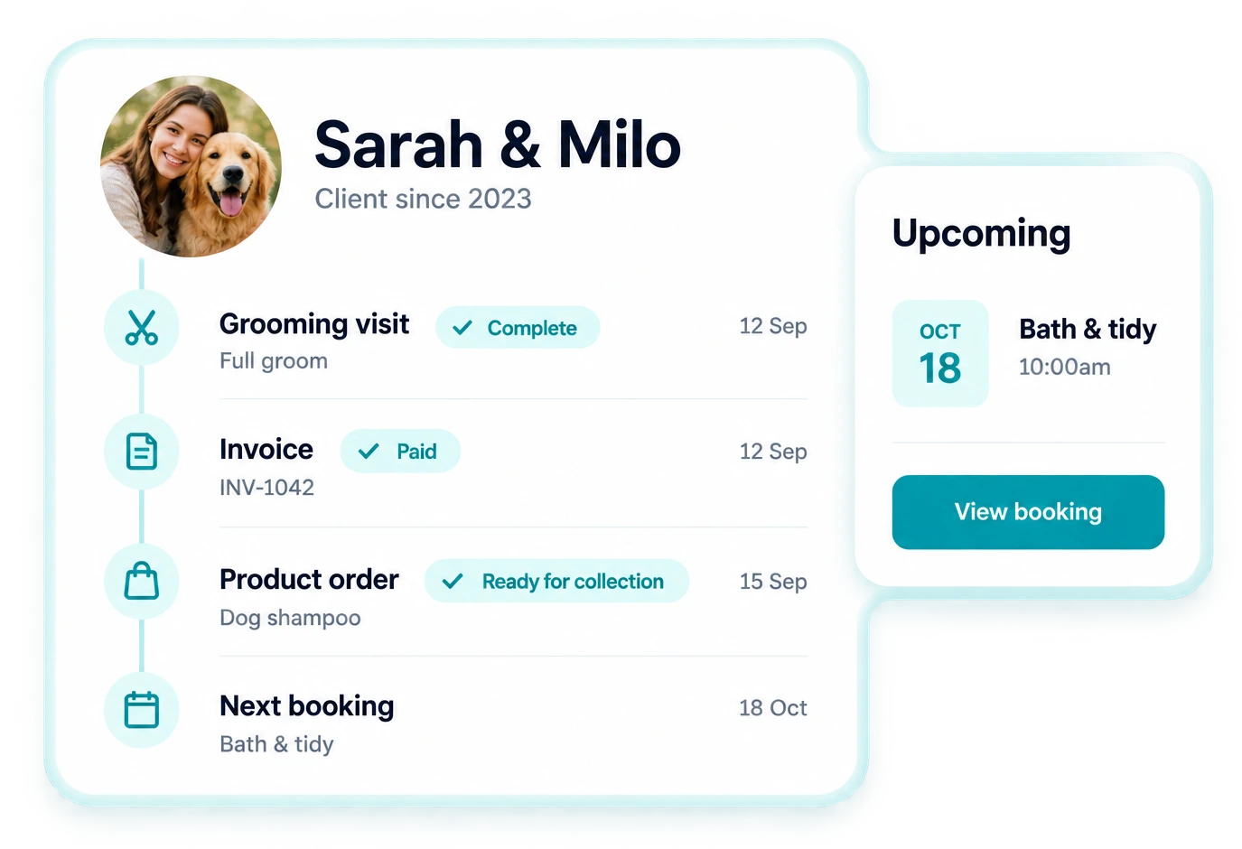 Client booking, invoice and pet care history